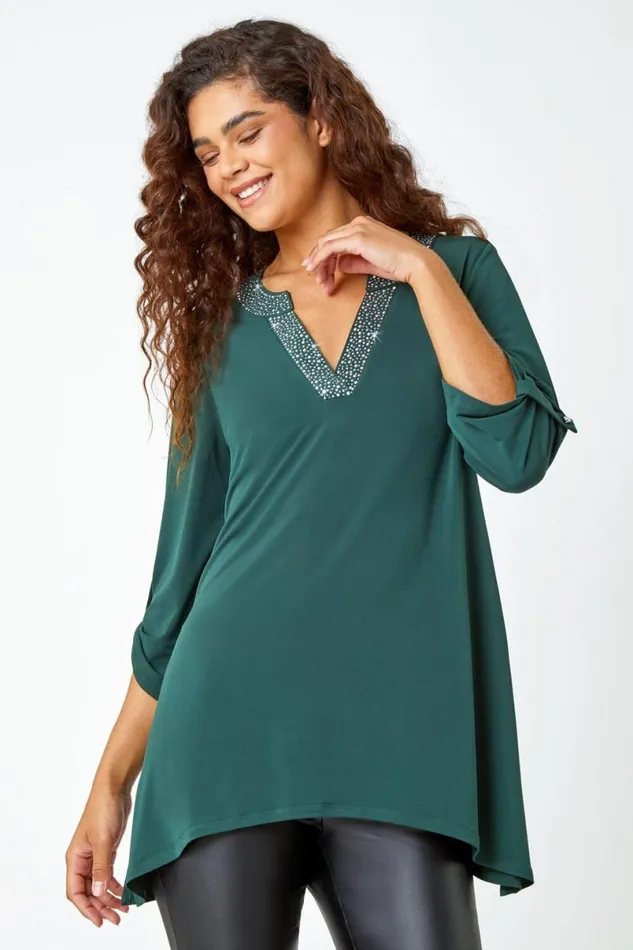 Green Diamante Trim VNeck Tunic Stretch Top Women Roman Tops