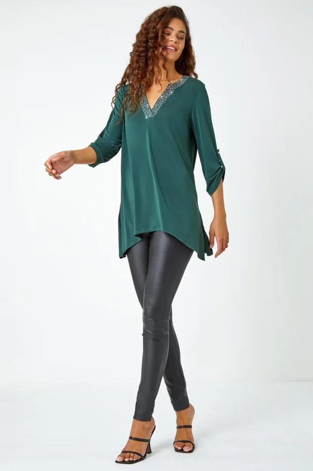 Green Diamante Trim VNeck Tunic Stretch Top Women Roman Tops