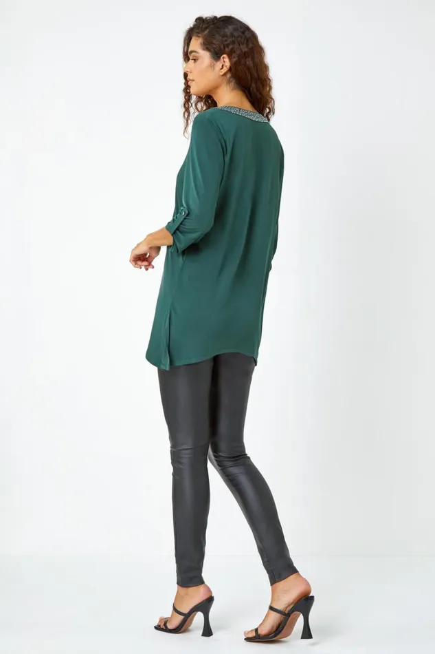 Green Diamante Trim VNeck Tunic Stretch Top Women Roman Tops