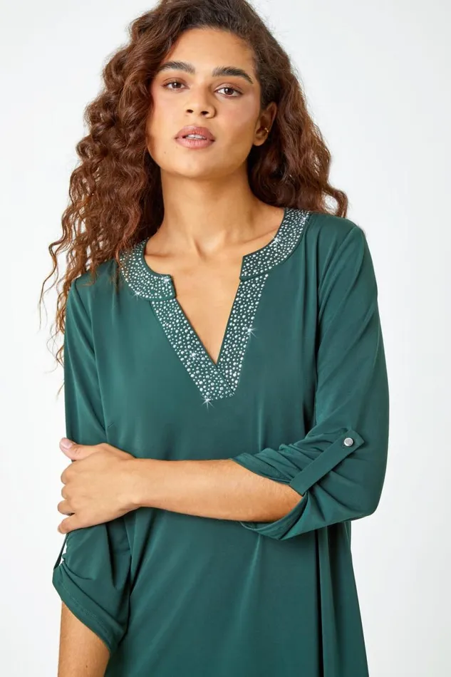 Green Diamante Trim VNeck Tunic Stretch Top Women Roman Tops