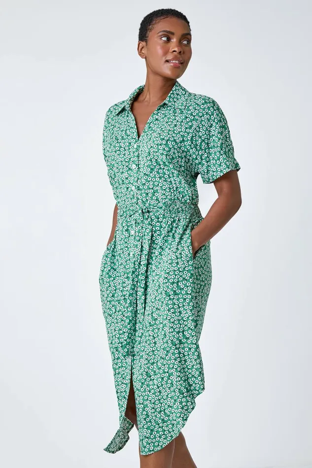 Green Ditsy Floral Print Shirt Dress Women Roman Dresses