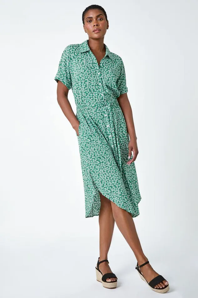 Green Ditsy Floral Print Shirt Dress Women Roman Dresses