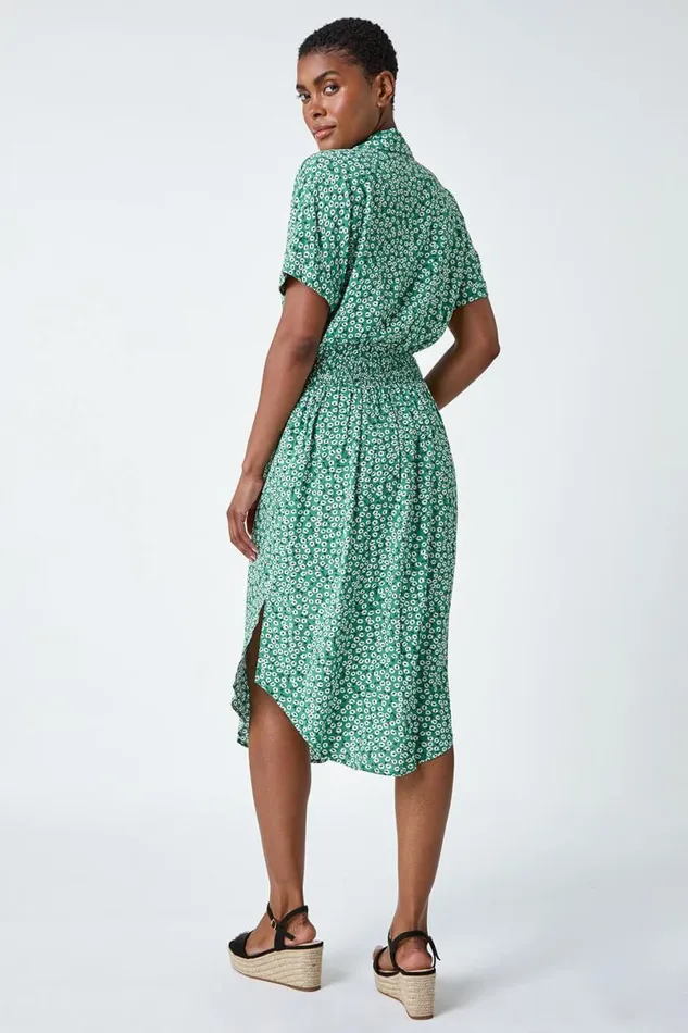 Green Ditsy Floral Print Shirt Dress Women Roman Dresses