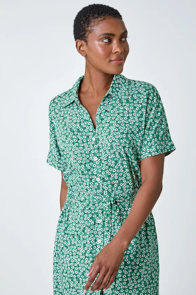 Green Ditsy Floral Print Shirt Dress Women Roman Dresses