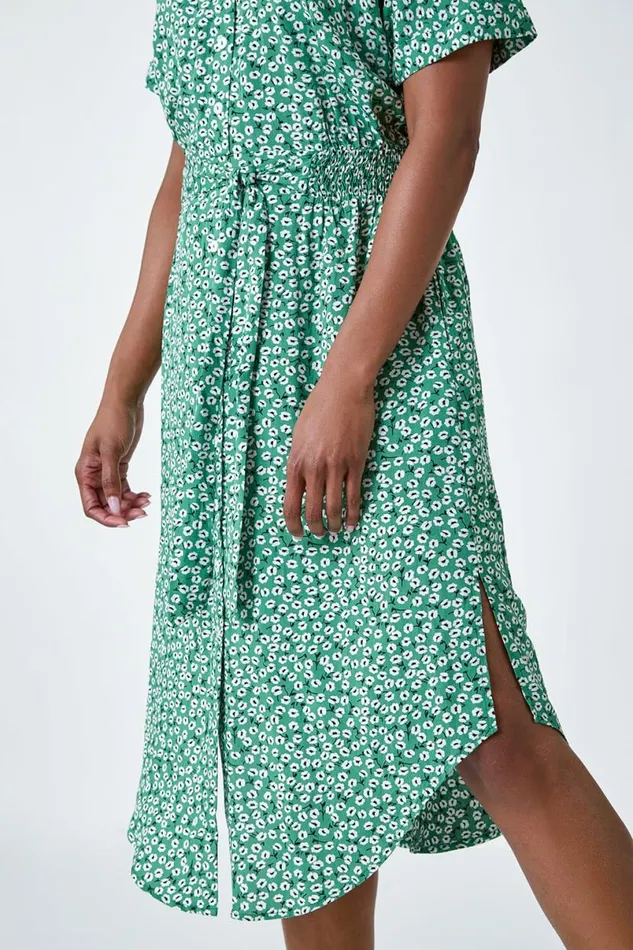 Green Ditsy Floral Print Shirt Dress Women Roman Dresses