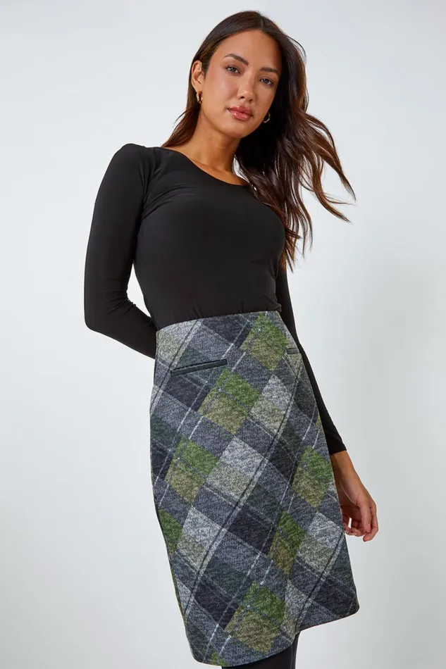 Green Elastic Waist Check Print Pocket A Line Skirt Women Roman Skirts