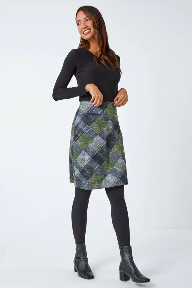 Green Elastic Waist Check Print Pocket A Line Skirt Women Roman Skirts