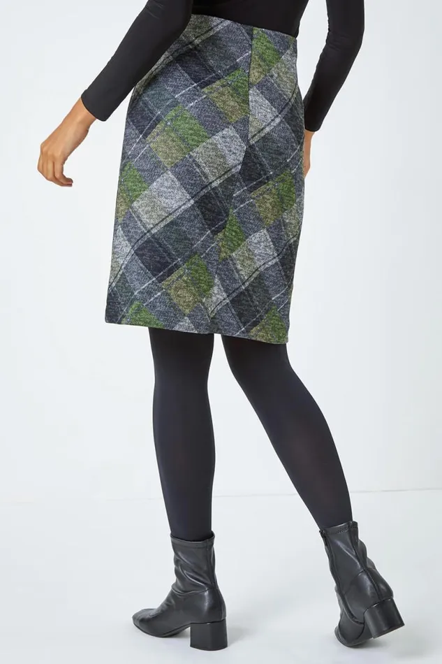 Green Elastic Waist Check Print Pocket A Line Skirt Women Roman Skirts