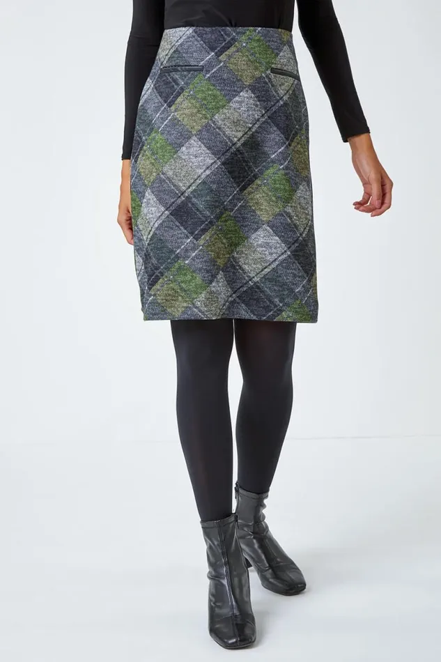 Green Elastic Waist Check Print Pocket A Line Skirt Women Roman Skirts