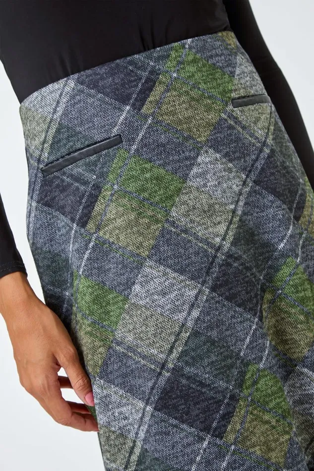 Green Elastic Waist Check Print Pocket A Line Skirt Women Roman Skirts