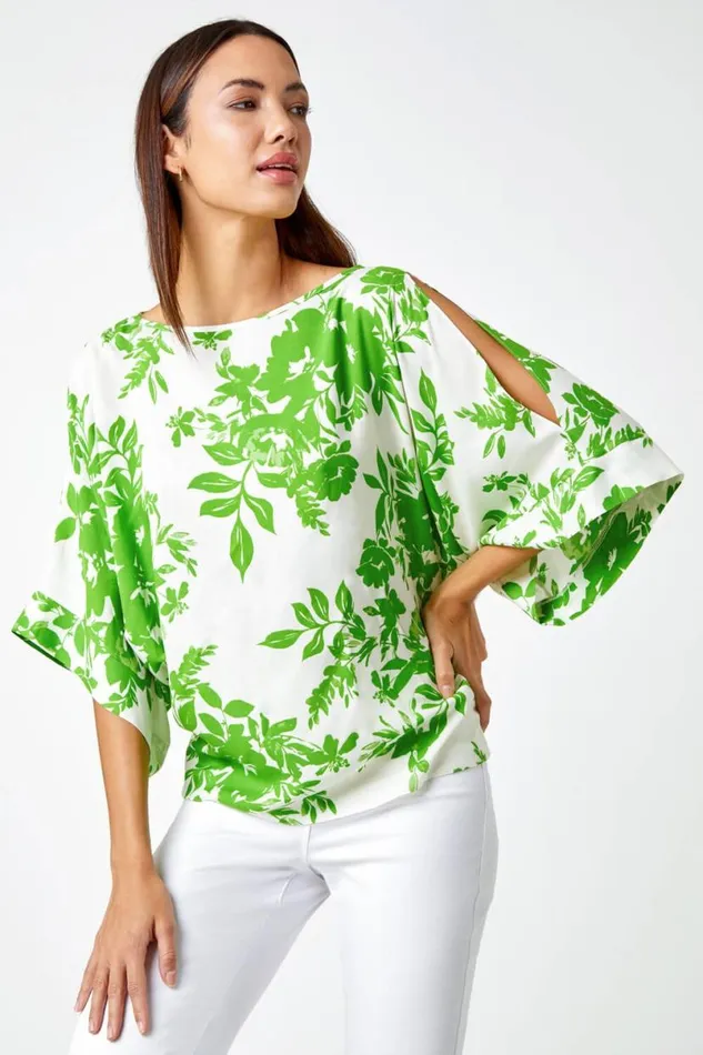 Green Floral Print Cold Shoulder Top Women Roman Tops