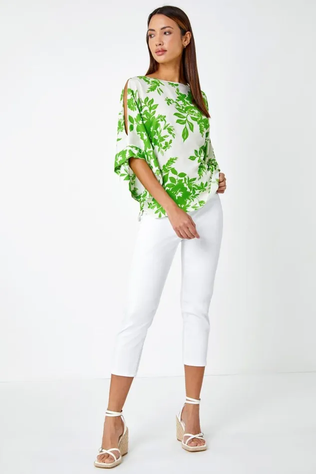 Green Floral Print Cold Shoulder Top Women Roman Tops