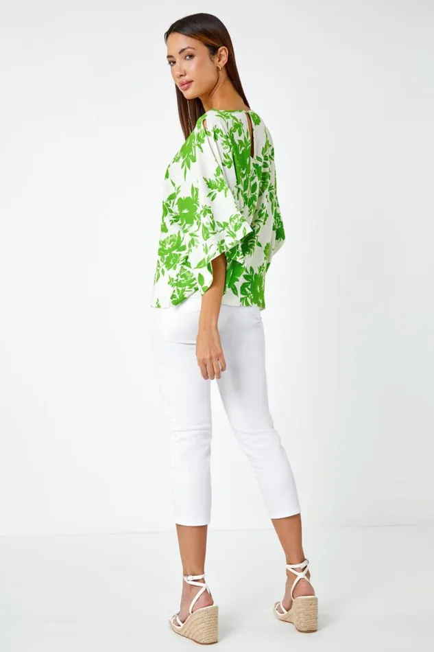 Green Floral Print Cold Shoulder Top Women Roman Tops