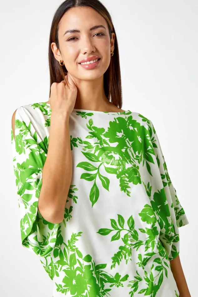 Green Floral Print Cold Shoulder Top Women Roman Tops