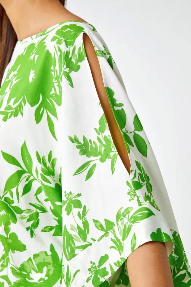 Green Floral Print Cold Shoulder Top Women Roman Tops