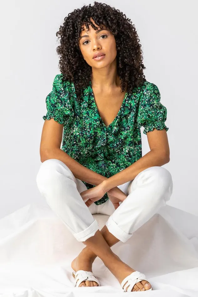 Green Floral Print Frill Detail Blouse Women Roman Tops