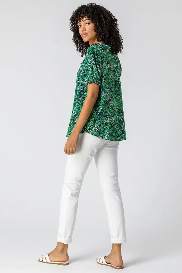 Green Floral Print Frill Detail Blouse Women Roman Tops