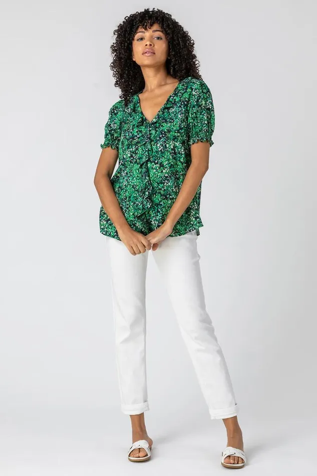Green Floral Print Frill Detail Blouse Women Roman Tops