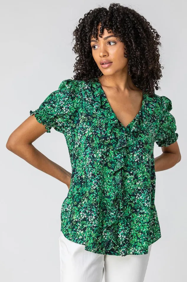 Green Floral Print Frill Detail Blouse Women Roman Tops