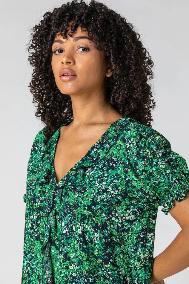 Green Floral Print Frill Detail Blouse Women Roman Tops