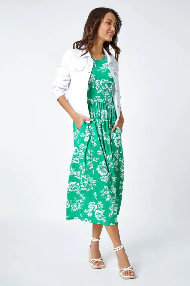 Green Floral Print Midi Stretch Dress Women Roman Dresses