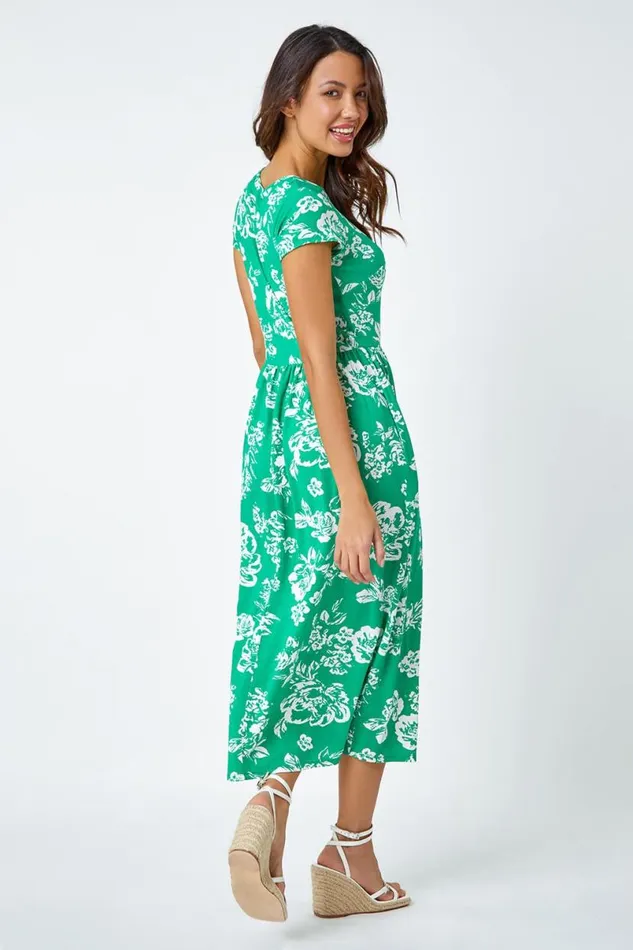 Green Floral Print Midi Stretch Dress Women Roman Dresses