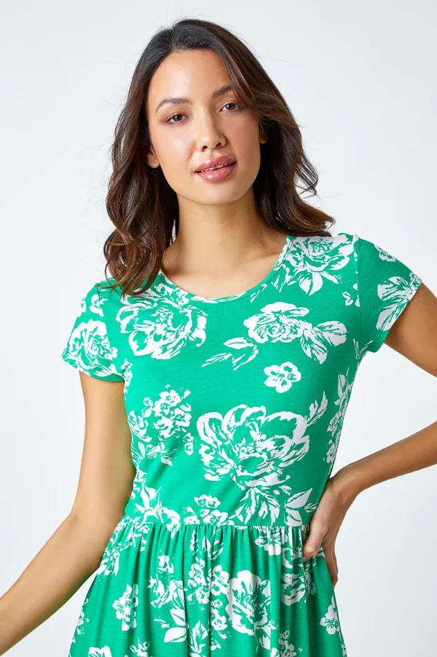 Green Floral Print Midi Stretch Dress Women Roman Dresses