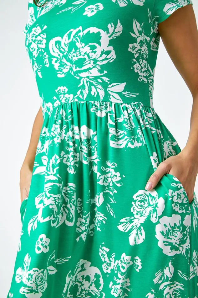 Green Floral Print Midi Stretch Dress Women Roman Dresses