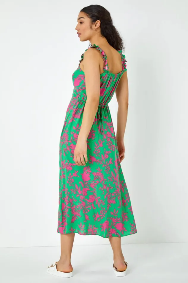 Green Floral Print Midi Sundress Women Roman Dresses