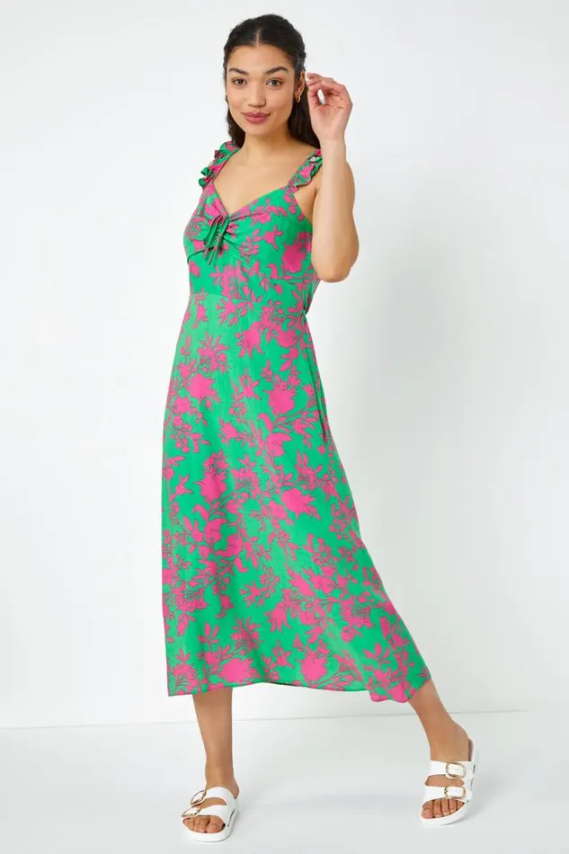 Green Floral Print Midi Sundress Women Roman Dresses
