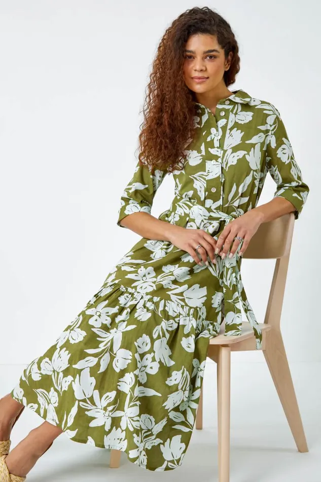 Green Leaf Frill Hem Button Shirt Dress Women Roman Dresses