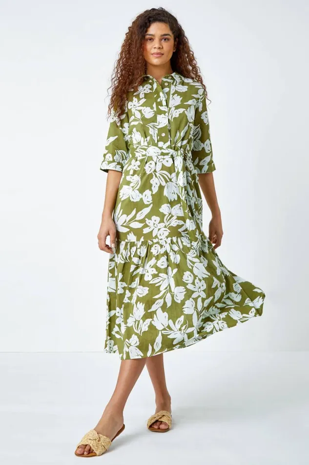 Green Leaf Frill Hem Button Shirt Dress Women Roman Dresses