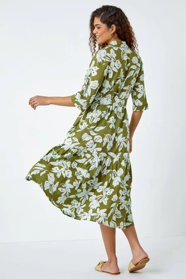 Green Leaf Frill Hem Button Shirt Dress Women Roman Dresses