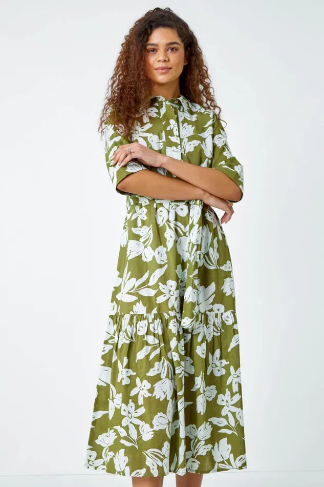 Green Leaf Frill Hem Button Shirt Dress Women Roman Dresses