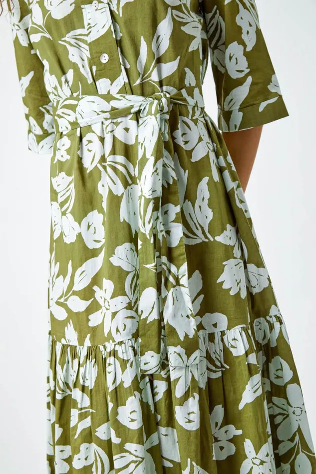 Green Leaf Frill Hem Button Shirt Dress Women Roman Dresses
