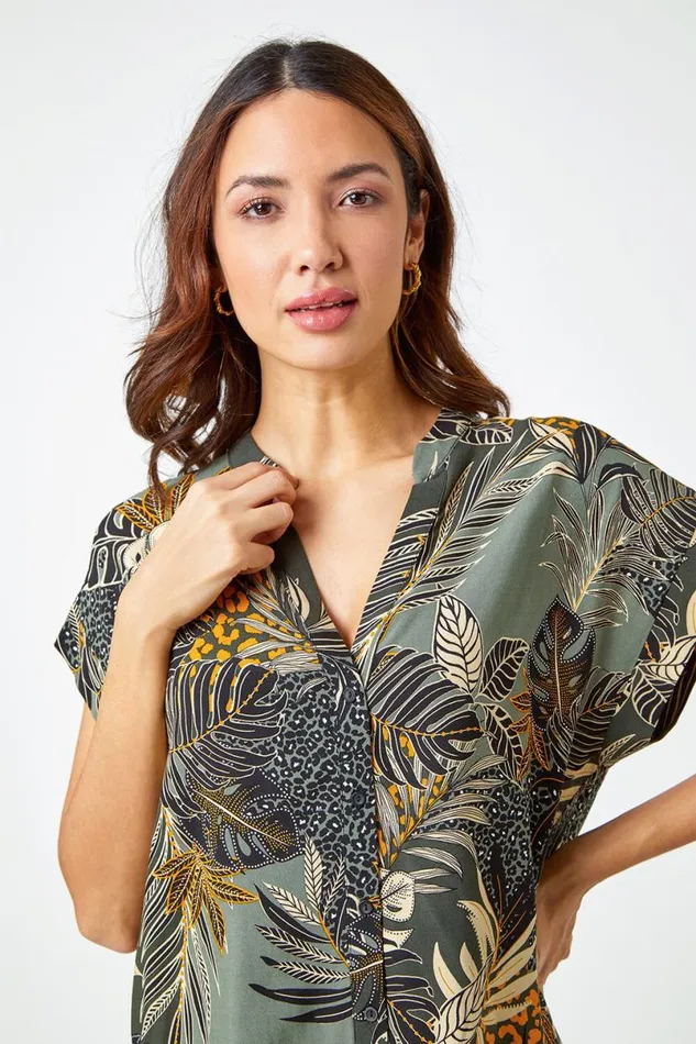 Green Leaf Print Relaxed Shirt Women Roman Tops