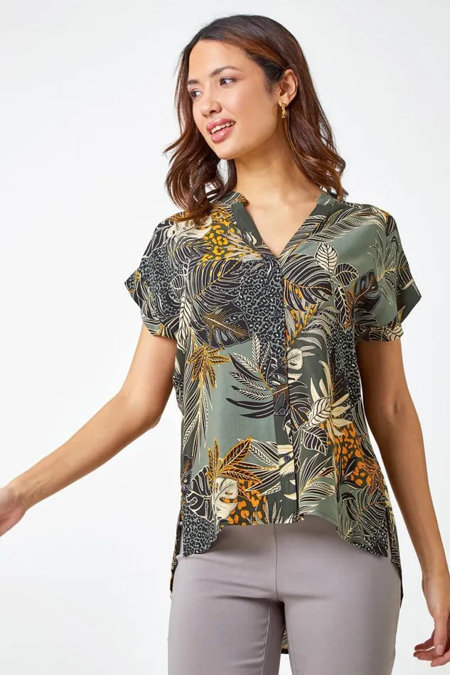Green Leaf Print Relaxed Shirt Women Roman Tops