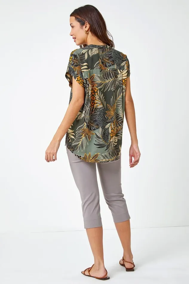 Green Leaf Print Relaxed Shirt Women Roman Tops
