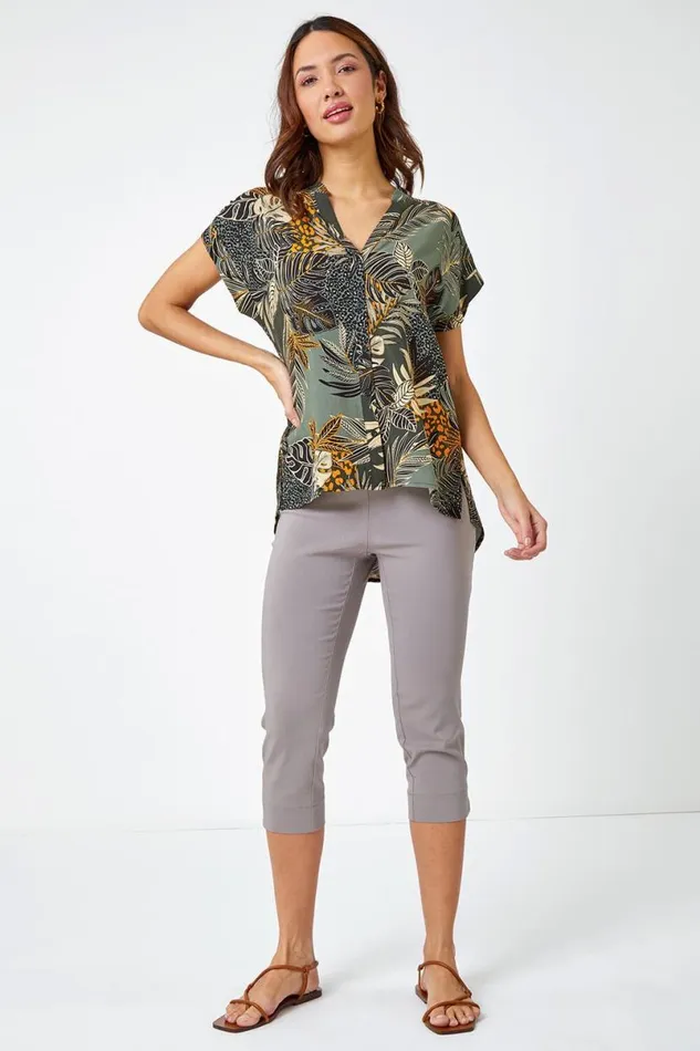 Green Leaf Print Relaxed Shirt Women Roman Tops