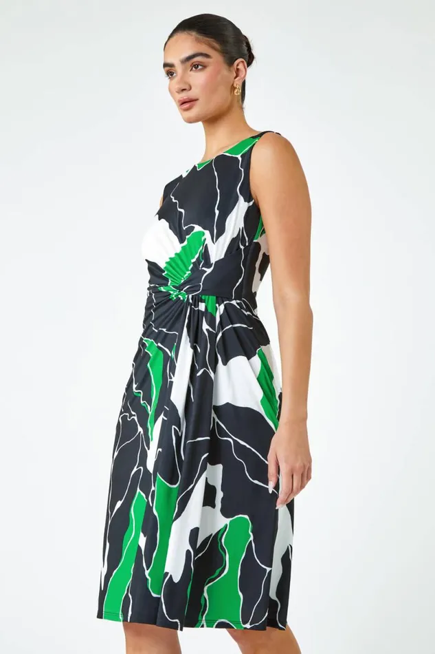 Green Limited Abstract Twist Detail Ruched Dress Women Roman Dresses
