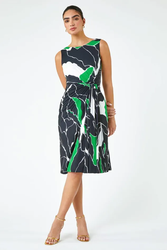 Green Limited Abstract Twist Detail Ruched Dress Women Roman Dresses