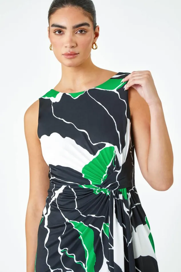 Green Limited Abstract Twist Detail Ruched Dress Women Roman Dresses