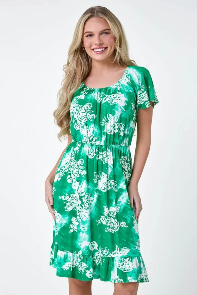 Green Petite Abstract Floral Stretch Frill Dress Women Roman Dresses