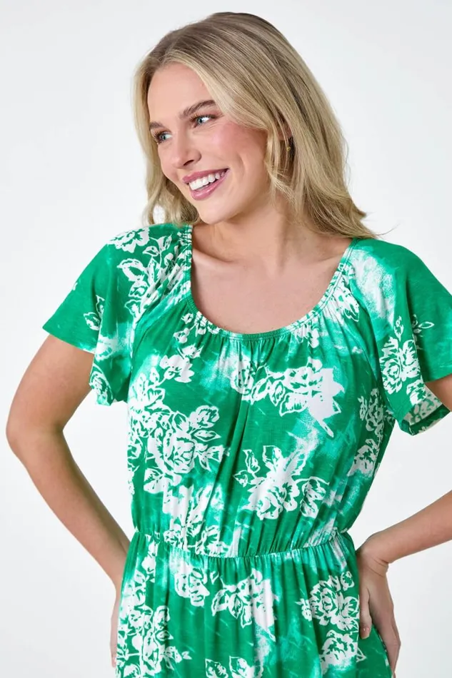 Green Petite Abstract Floral Stretch Frill Dress Women Roman Dresses