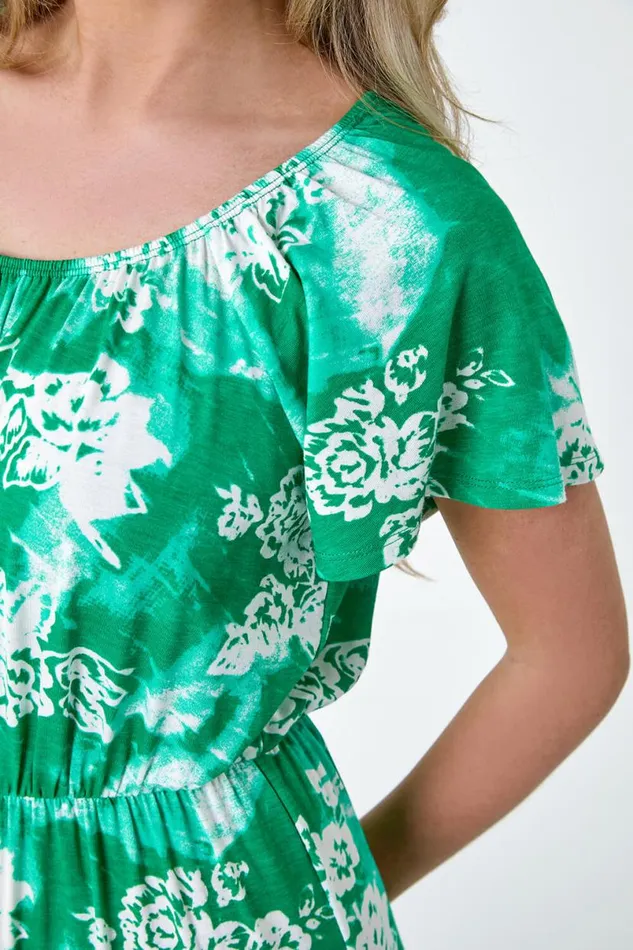 Green Petite Abstract Floral Stretch Frill Dress Women Roman Dresses