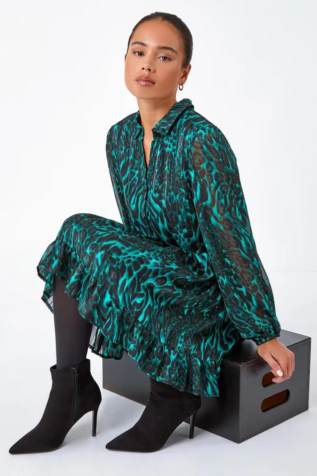 Green Petite Animal Print Frill Hem Dress Women Roman Dresses