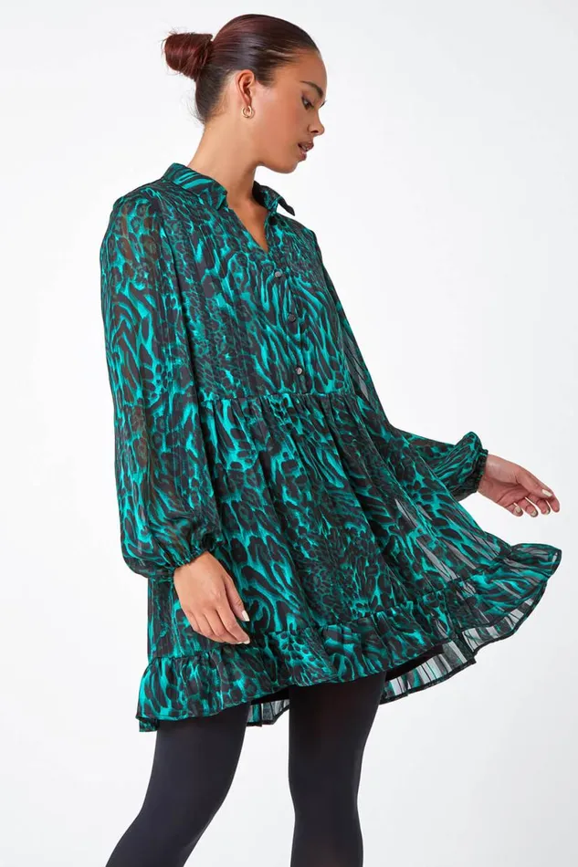 Green Petite Animal Print Frill Hem Dress Women Roman Dresses