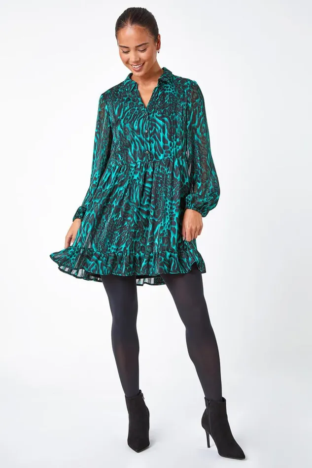Green Petite Animal Print Frill Hem Dress Women Roman Dresses