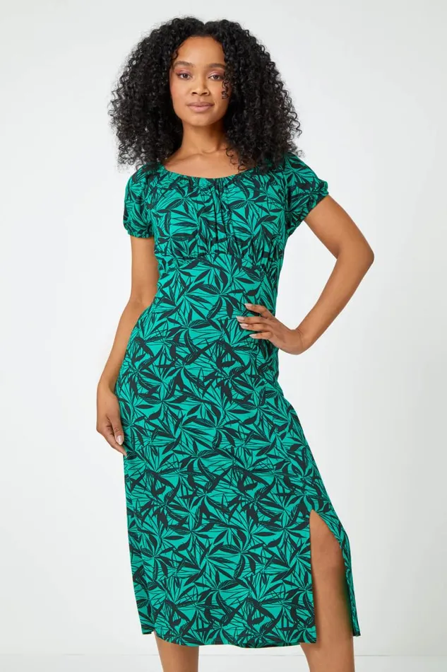 Green Petite Leaf Print Midi Stretch Dress Women Roman Dresses
