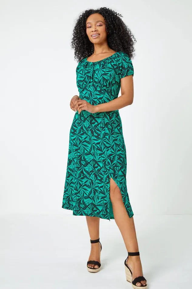 Green Petite Leaf Print Midi Stretch Dress Women Roman Dresses